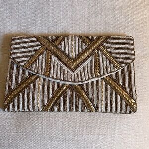 Antik Kraft Gold and White Beaded Clutch Crossbody Bag
